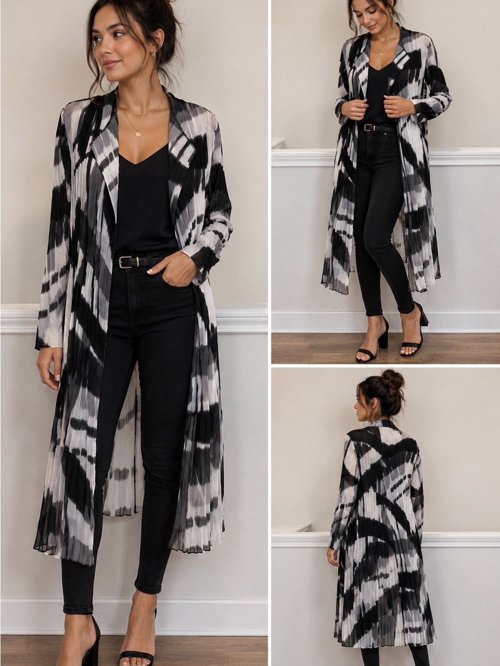 VOLL Black White Abstract Pleated Duster Cardigan